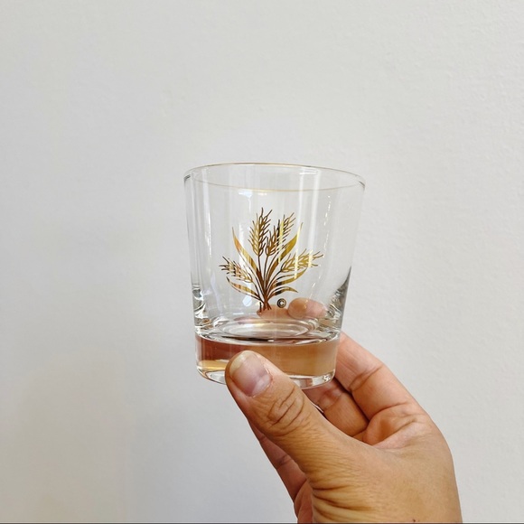 MCM Gilt Gold Trim Wheat Glass Tumblers Bar Cart Bar Drinking Glasses 3 1/4” - Picture 2 of 16